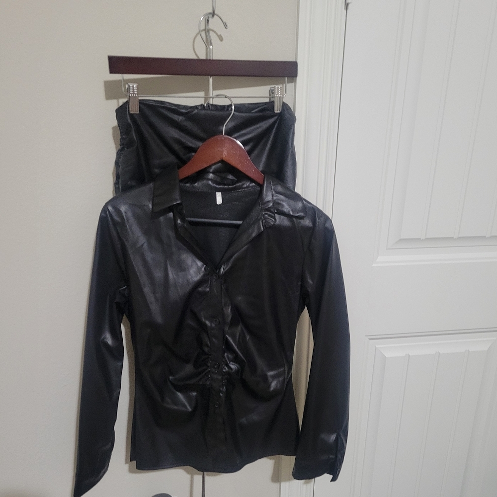Women's Black Faux Leather Shirt & Skirt